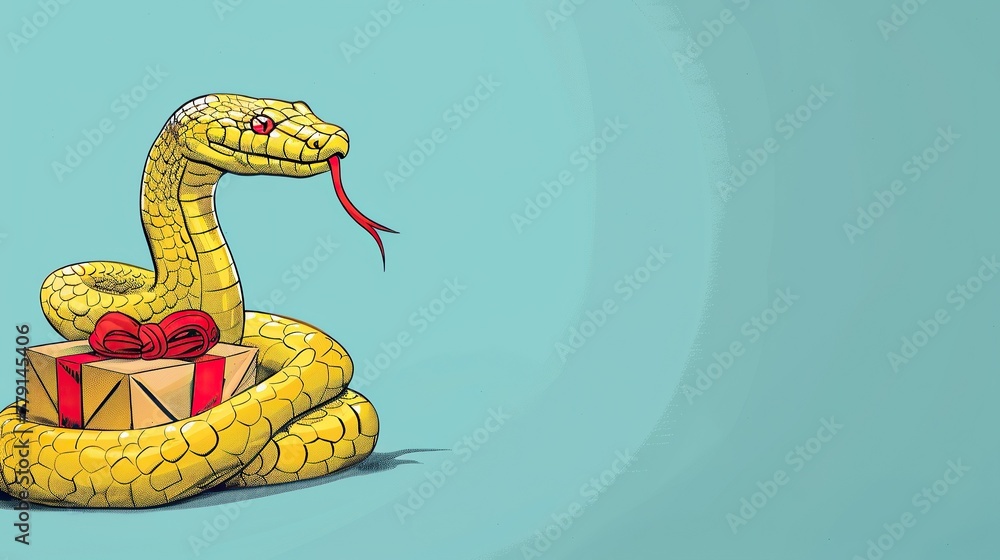 Naklejka premium A cartoon snake is coiled around a gift box