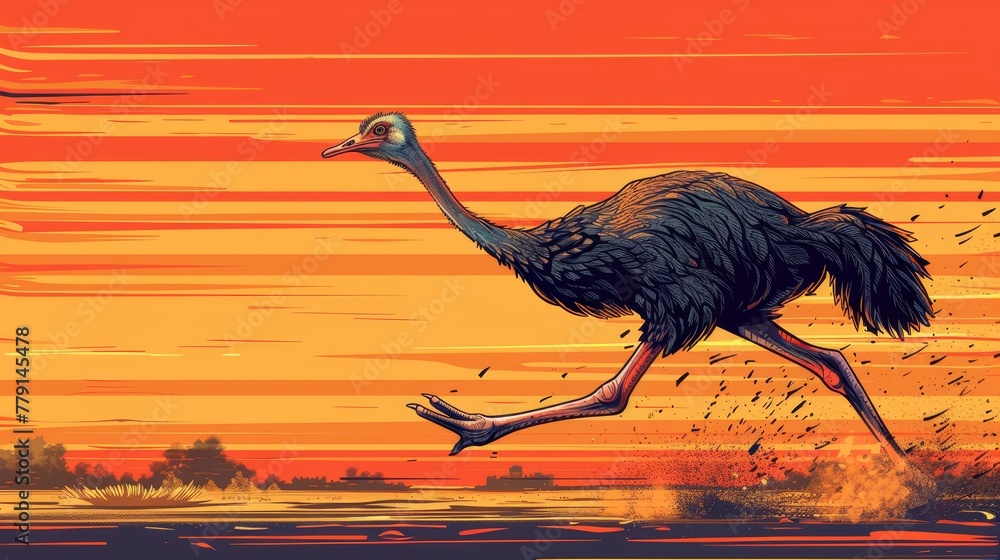 Naklejka premium A painting of an ostrich traversing a field as the sun sets, accompanied by birds in the foreground