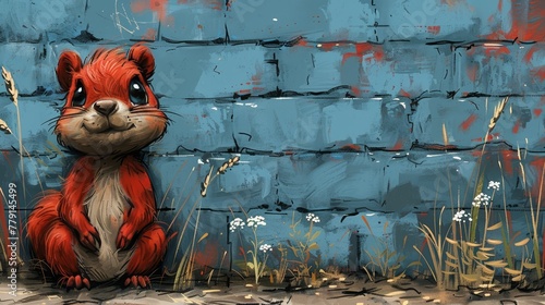  squirrel stands before brick wall, grass, weeds precede photo