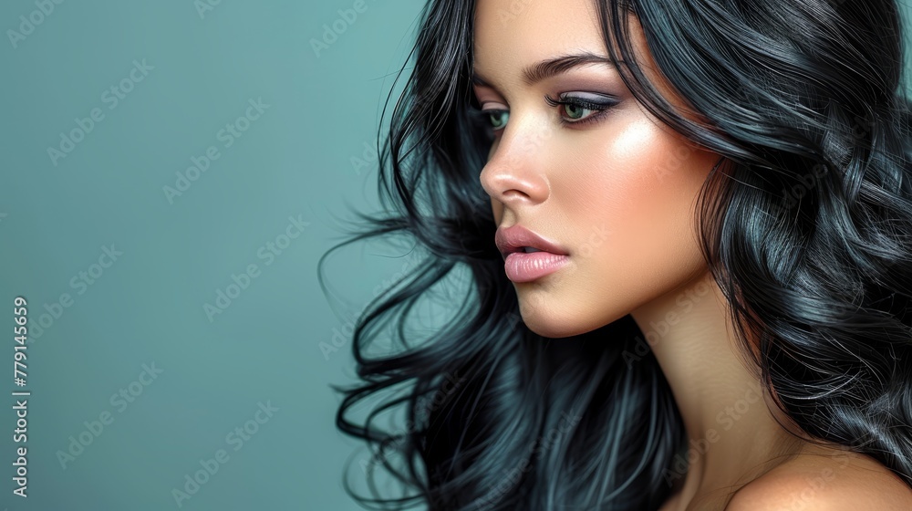 A woman with long black hair and applied blue eyeshadow is shown in a close-up, her tresses billowing in the wind A woman with long black hair and applied blue eyeshadow is shown in a close-up, her tresses billowing in the wind