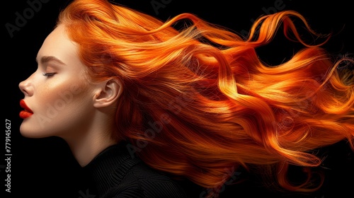  A woman with closed eyes and red hair billowing in the wind