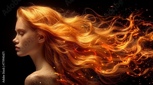  A woman's hair billows in the wind, accented by vibrant orange and red streaks resembling flames