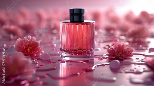   A bottle of perfume atop a table, surrounded by pink flowers and with droplets of water on the floor nearby