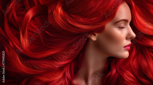  A woman with long red hair closes her eyes to the side of her face
