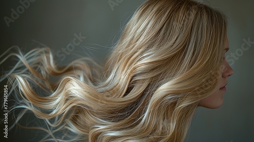 A close-up of a woman's long, blonde, wavy hair
