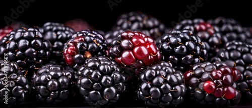  A heap of black raspberries, nestled together atop another mound of the same dark berries photo