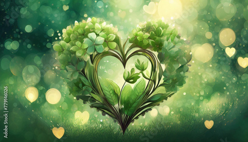 illustration d'un coeur formé de fleurs et de plante de couleur vert en style aquarelle sur un fond vert avec des ronds en effet bokeh photo