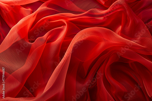 An expanse of a bright red chiffon fabric, capturing the sheer, floating quality of the material. 32k, full ultra HD, high resolution