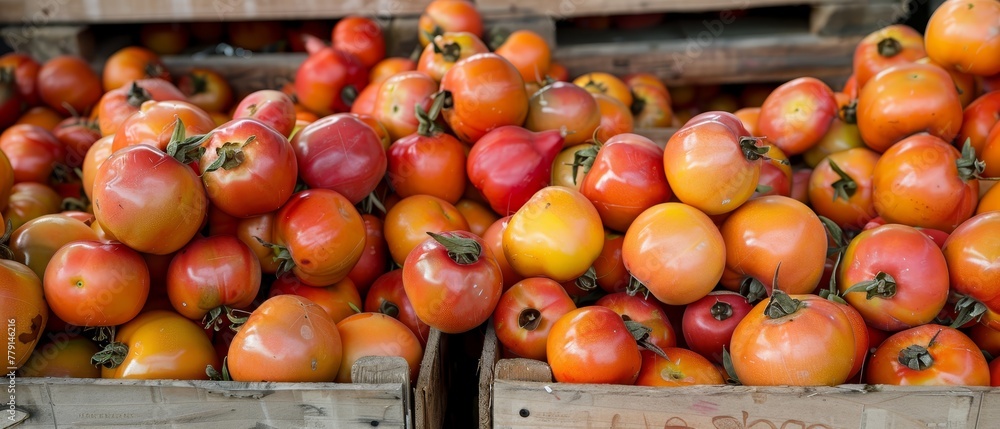 A pile of tomatoes seated next to one another in wooden crates atop a pallet brimming with additional fruits and vegetables A pile of tomatoes seated next to one another in wooden crates atop a pallet brimming with additional fruits and vegetables