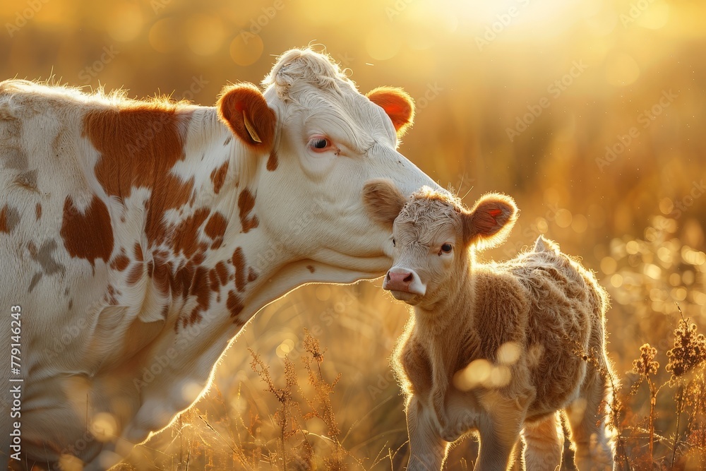 A mother cow stands protectively beside her calf in a lush green field. The calf nuzzles its mother, creating a heartwarming scene of tenderness and care in nature