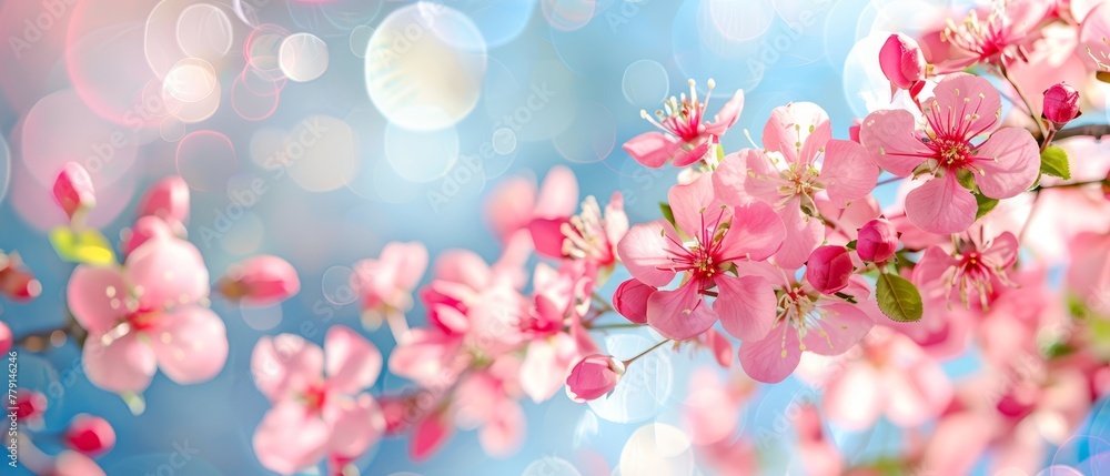   A multitude of pink flowers bloom against a backdrop of blue and pink, with a soft bokeh of light in the background