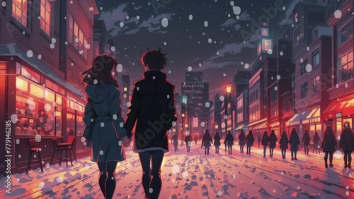 Anime style illustration of a couple on a date in winter, anime seamless loop animation. photo