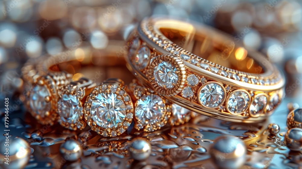 A pair of gold rings atop a blue tablecloth, resting on a stack of other rings A pair of gold rings atop a blue tablecloth, resting on a stack of other rings