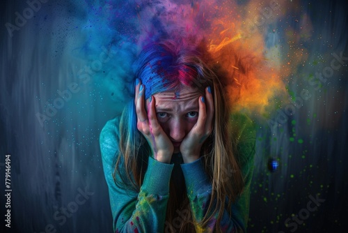 A woman joyfully covers her face with vibrant colored powder, creating a mesmerizing display of hues and patterns
