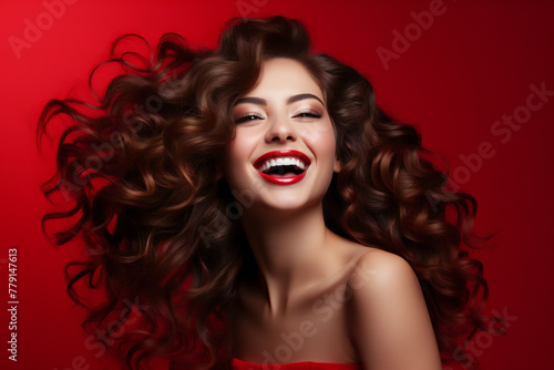Smiling Young Woman with Curly Hair - Joyful and Vibrant Portrait Stock Photo Generative AI © kavinda