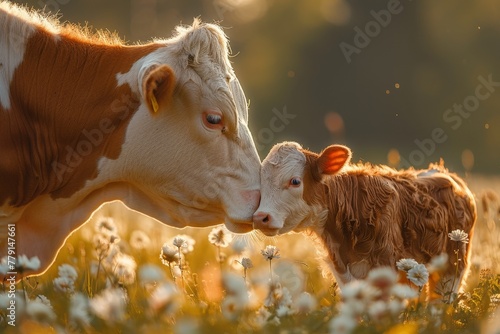 Cow and Calf in Sunset Field. A mother cow nuzzles her calf among daisies at golden hour.
