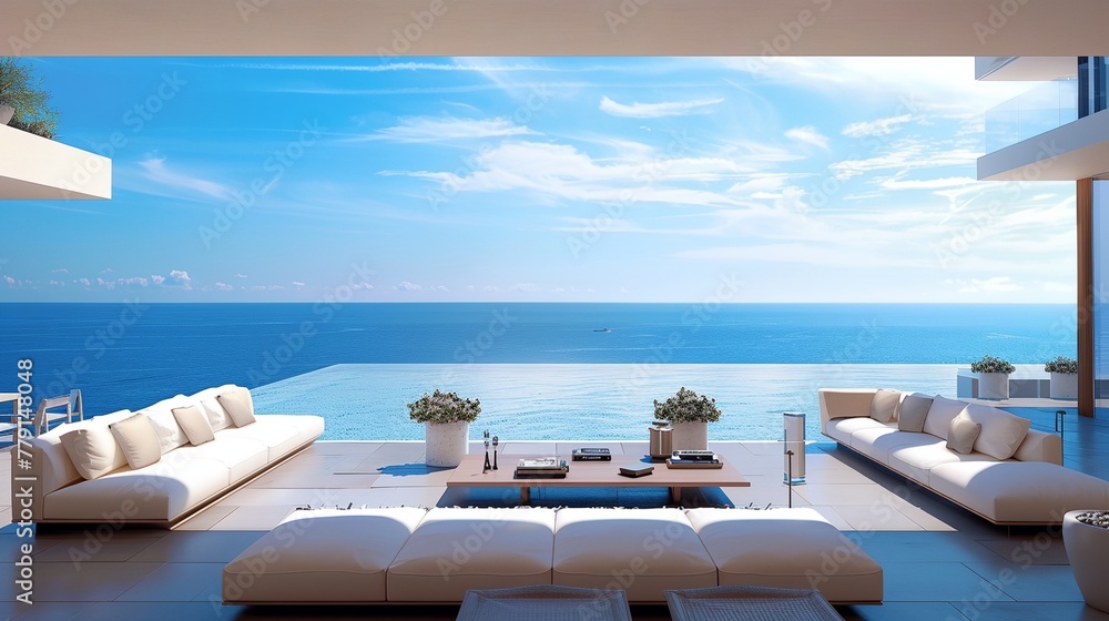 Fototapeta premium A large open living room with a view of the ocean