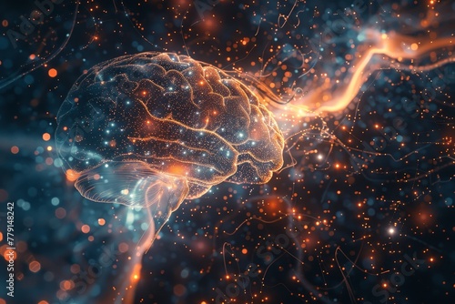 A computer-generated human brain, intricately detailed with glowing synapses firing and neural pathways connecting different regions