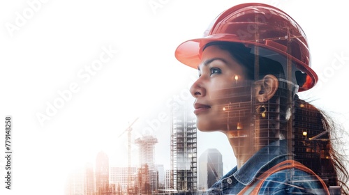 Double exposure of an Indian woman with hard hat standing in urban setting with cityscape in background