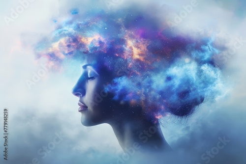 A womans head enveloped by a swirling cloud of smoke  symbolizing inner thoughts and emotions escaping into the atmosphere