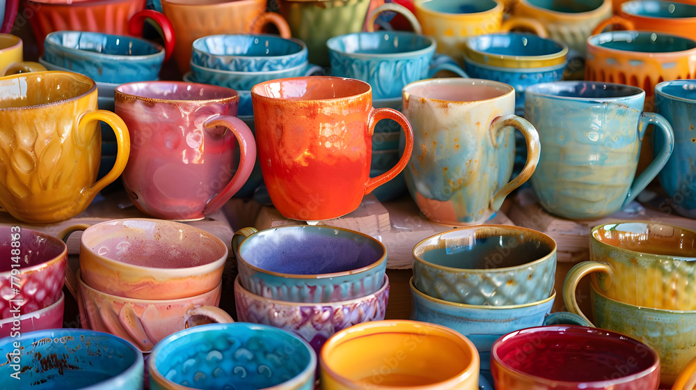 Colorful ceramic cups arranged attractively - Ai Generated Colorful ceramic cups arranged attractively - Ai Generated