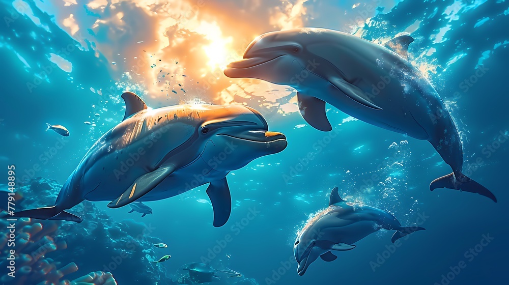 Fototapeta premium Three dolphins swimming in the underwater of the blue ocean sea life photography AI generated