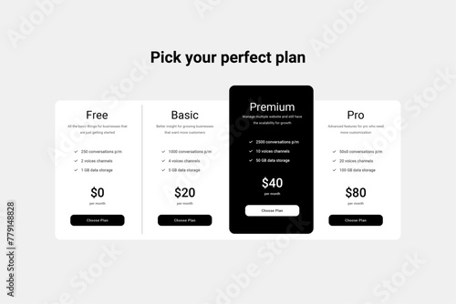 Minimal black and white Pricing or data table UI design