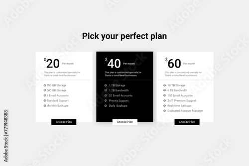 Minimal black and white Pricing or data table UI design