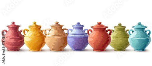 A collection of vibrant pottery vases with lids are displayed in a row on a white background. These decorative pieces blend artistry with functionality  perfect for adding a pop of color to any space