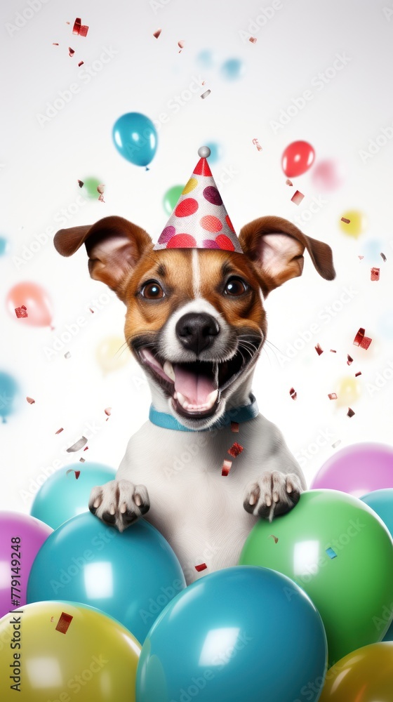 Naklejka premium A small dog wearing a party hat is surrounded by balloons and confetti.
