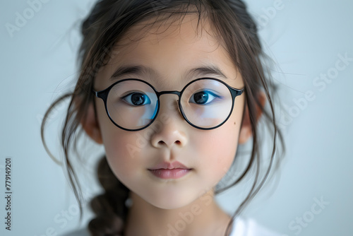 Closeup portrait of beautiful asian kid girl wearing  eyeglasses, isolated on a white background