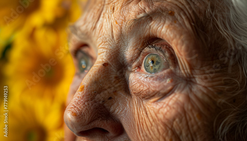 Close-up of an elderly woman's face with sunflowers in the background, highlighting her expressive eyes and wrinkles