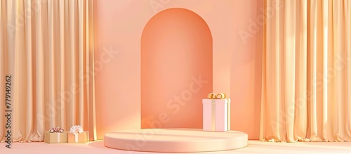 A podium made of hardwood amber wood with a gift box on the flooring in front of a pink curtain. The fixtures, columns, and ceiling in orange tints and shades