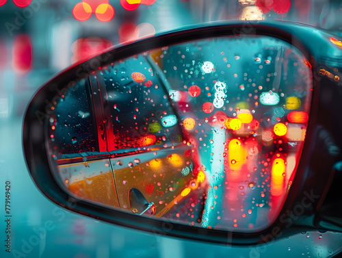 City streets viewed through rainy car mirror - Ai Generated