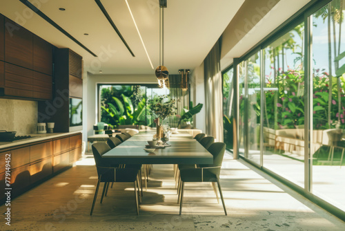 A modern dining room connected to the living room and to the kitchen, there are large windows in the wall. © Hunman