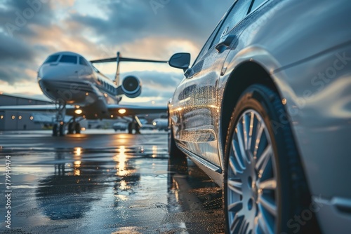 A sleek car is parked in front of an airplane, creating a unique juxtaposition of ground and air transport vehicles photo