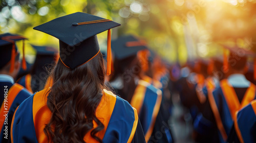 backside view of graduation mortarboards during ceremony commencement success graduates of university. Concept education congratulation. Soft diffused sunlight bathes scene in warm glow
