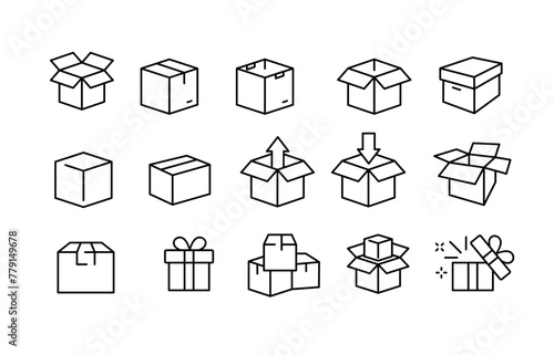 delivery box or parcel vector icons set (fill only eps file) on white background. product, cargo, package, packing, export, shipping, pack, deliver, delivering, packaging, mail, transport concept
