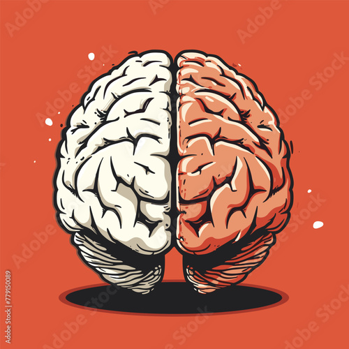 Stylized brain illustration, half white, half orange. 