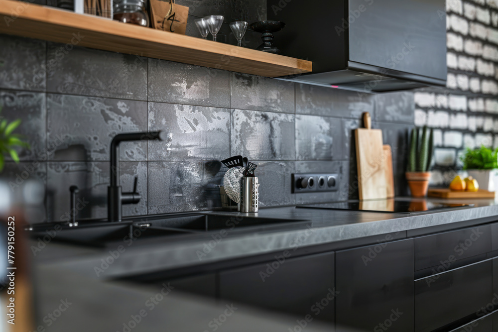 Interior of contemporary kitchen with black cabinets and gray tile on walls in new apartment. Interior of contemporary kitchen with black cabinets and gray tile on walls in new apartment.