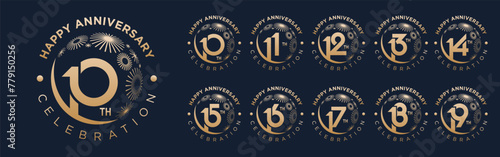 set of 10 to 19th anniversary logotype design, with golden fireworks for celebration event, wedding, and birthday, vector illustration photo