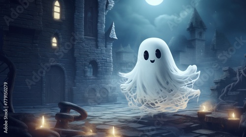 A white ghost floats in front of a spooky castle. The scene is lit by candles and a full moon. © ProPhotos