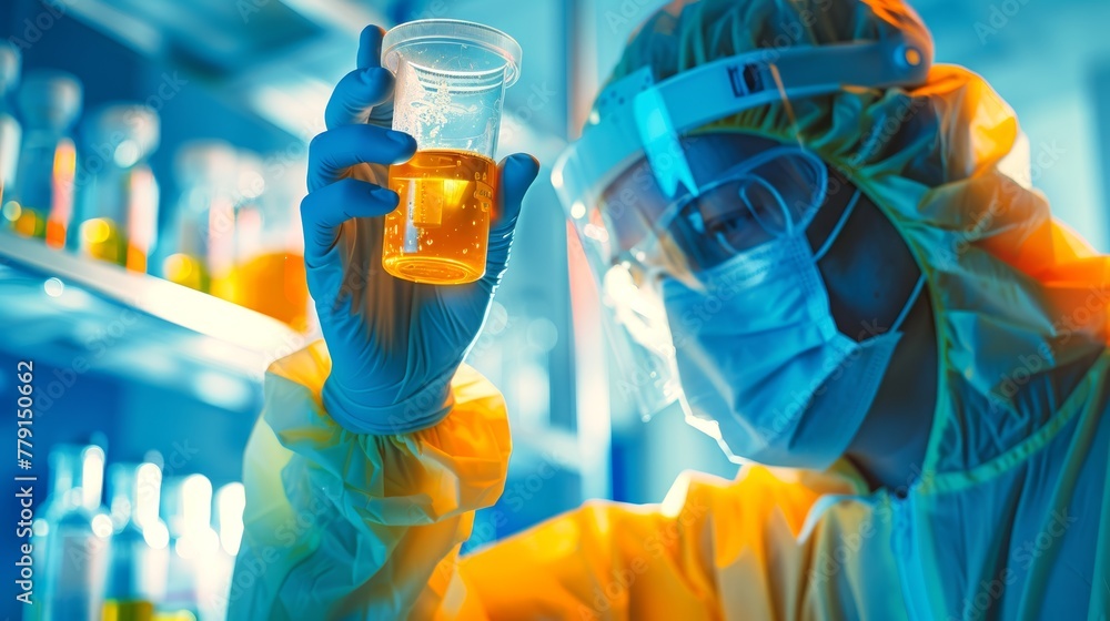 Healthcare professional handling a urine sample in a laboratory setting ...