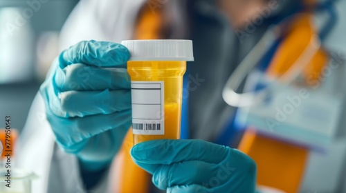 Healthcare professional handling a urine sample in a laboratory setting. Medical testing for diagnostic purposes. Concept of clinical analysis, laboratory work, medical diagnostics, health screening photo
