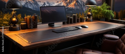 elegant luxury workplace. Modern computer, black leather mousepad on wooden table photo