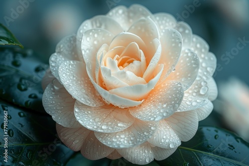 A white rose  flower glistens under the sunlight, showcasing delicate water droplets resting on its petals