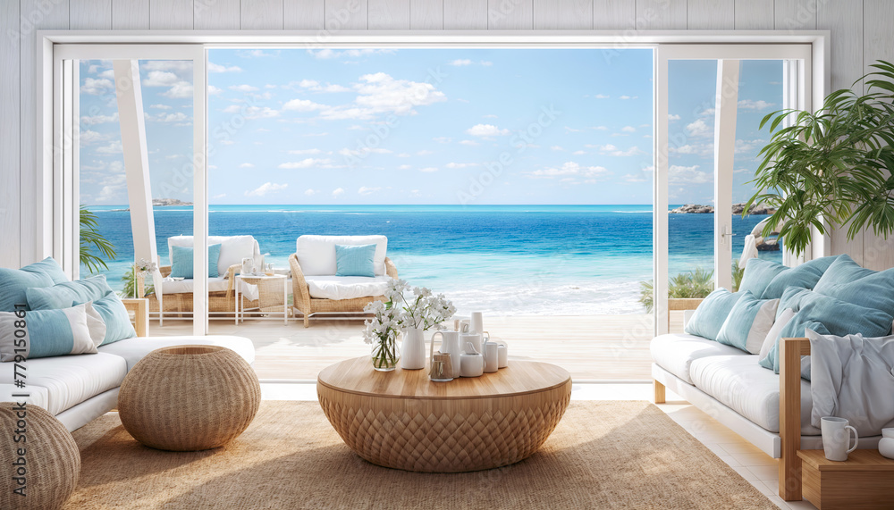 Naklejka premium Cozy living room with sea view. 3d rendering mock up
