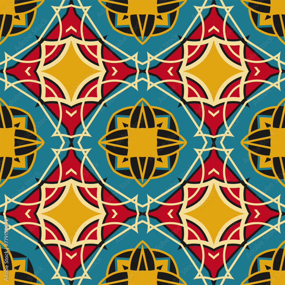 Seamless pattern with ethnic ornament. The palette is dominated by blue, red and yellow colors. Vector illustration Seamless pattern with ethnic ornament. The palette is dominated by blue, red and yellow colors. Vector illustration