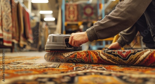 Close up of male hands operating heavy-duty carpet cleaner on ornate carpet inside spacious, industrial cleaning facility. Concept of rug restoration, professional cleaning service, carpet maintenance © Jafree