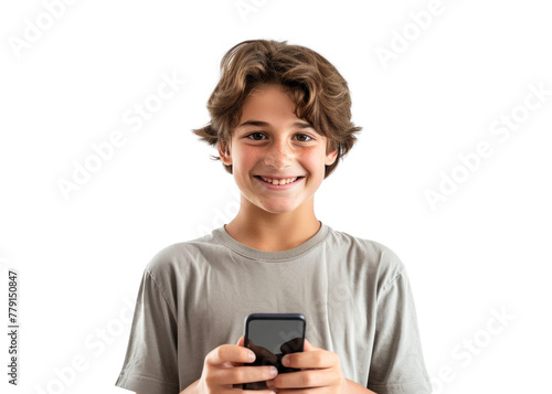 Boy with Phone Smiling at Camera